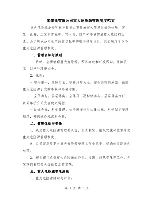 某煤业有限公司重大危险源管理制度范文