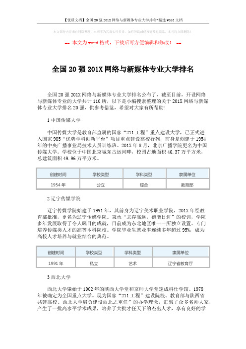 【优质文档】全国20强201X网络与新媒体专业大学排名-精选word文档 (4页)