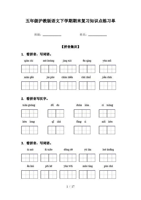 五年级沪教版语文下学期期末复习知识点练习单