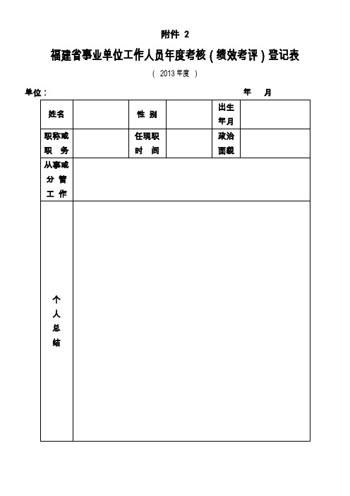 福建省2013年事业单位工作人员年度考核登记表