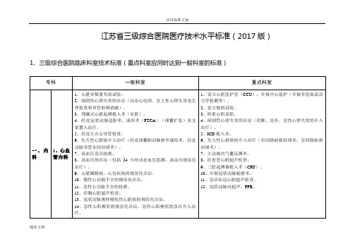 正式版 2017版 江苏省三级综合医院医疗的技术水平实用标准