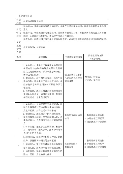 小学体育与健康六年级上健康体适能恢复练习单元教学计划