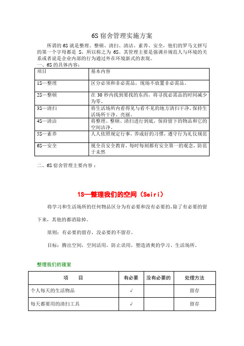 6S宿舍管理实施方案