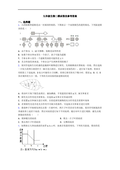 九年级生物二模试卷含参考答案