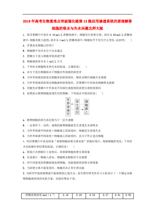 2019年高考生物重难点突破强化练第13练应用渗透系统的原理解答细胞的吸水与失水问题北师大版