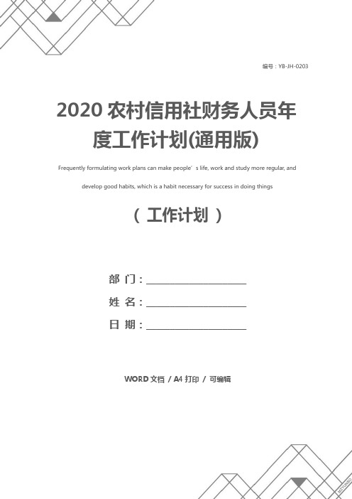 2020农村信用社财务人员年度工作计划(通用版)