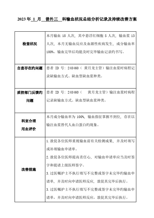 普外三科输血情况总结分析记录及持续改进方案