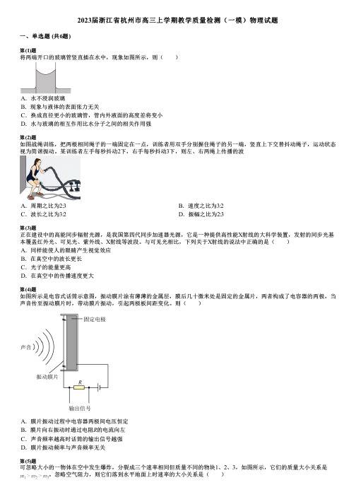 2023届浙江省杭州市高三上学期教学质量检测(一模)物理试题