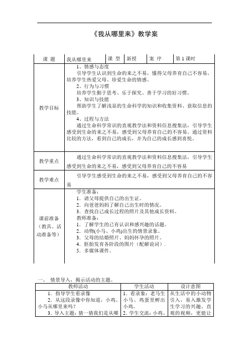 1小学思品一上我从哪里来教案+实录+反思