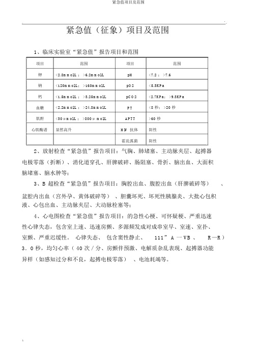 危急值项目及范围