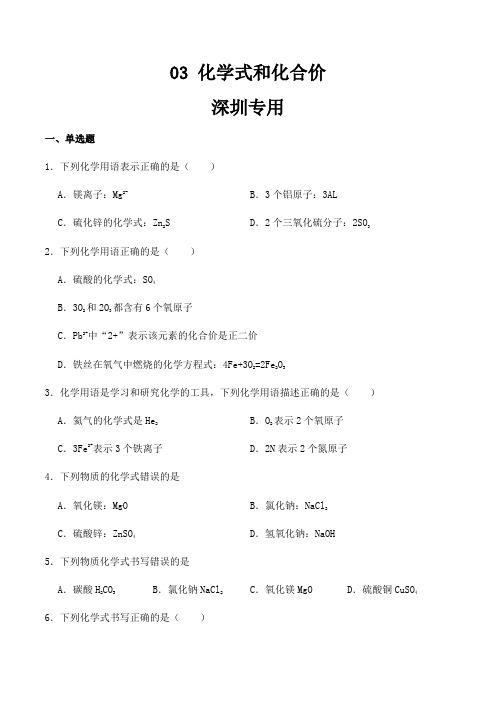 中考化学常考点专题必杀题(深圳专用)选择专练03(化学式和化合价30题)(原卷版+解析)