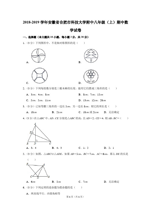 2018-2019学年安徽省合肥市科技大学附中八年级(上)期中数学试卷