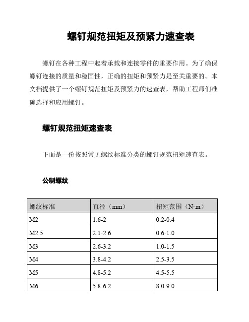 螺钉规范扭矩及预紧力速查表