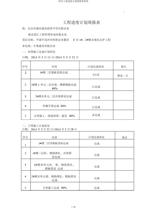 项目工程进度计划周报表材料