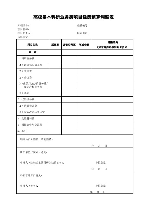 高校基本科研业务费项目经费预算调整表