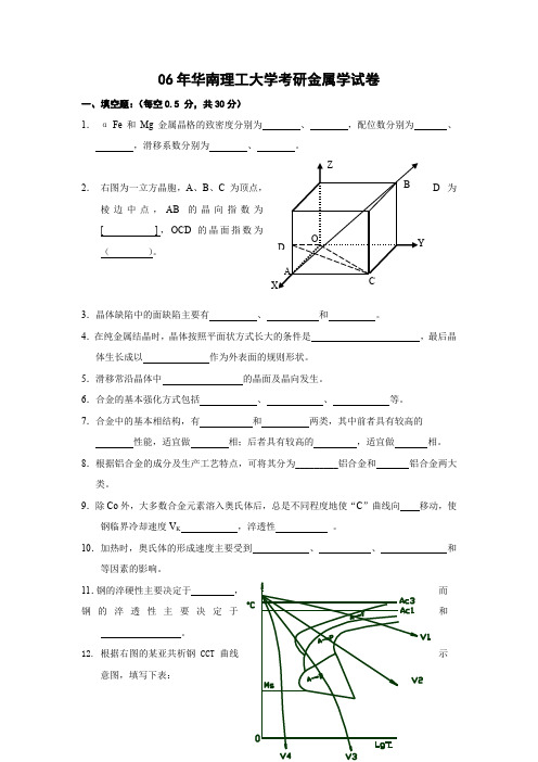 06-07年华南理工大学考研金属学试卷