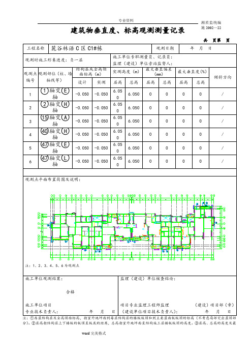 建筑物垂直度、标高观测测量记录