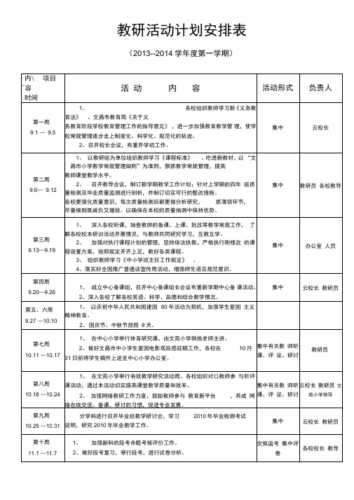 教研活动计划安排表及教研记录完整版