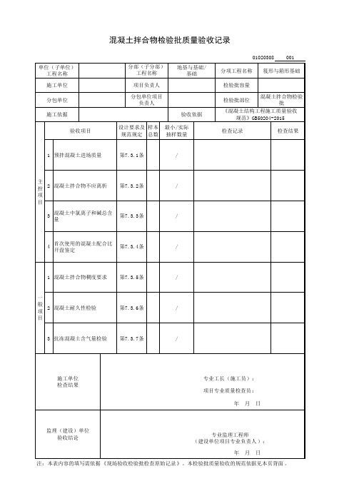 混凝土拌合物检验批质量验收记录