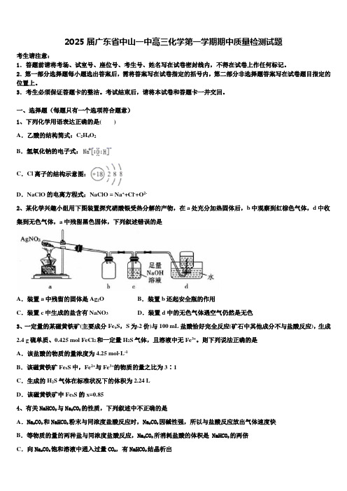 2025届广东省中山一中高三化学第一学期期中质量检测试题含解析