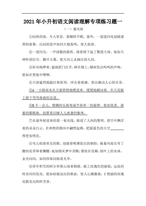 【精品】小升初语文阅读理解专项练习题一(5篇,人教部编版,含答案)