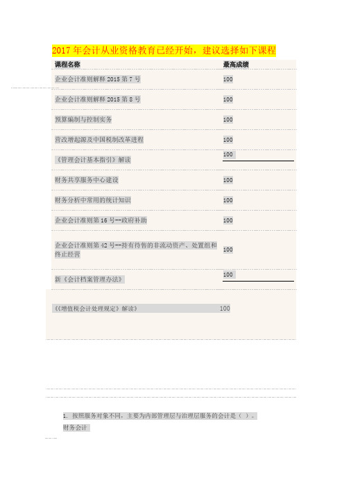 会计从业资格继续教育学习参考习题测验答案