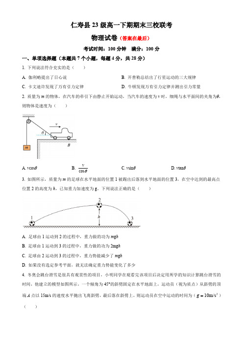 四川省眉山市仁寿县三校联考2023-2024学年高一下学期7月期末考试 物理含答案