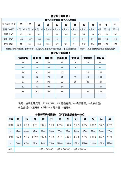 衣服尺码尺寸对应表