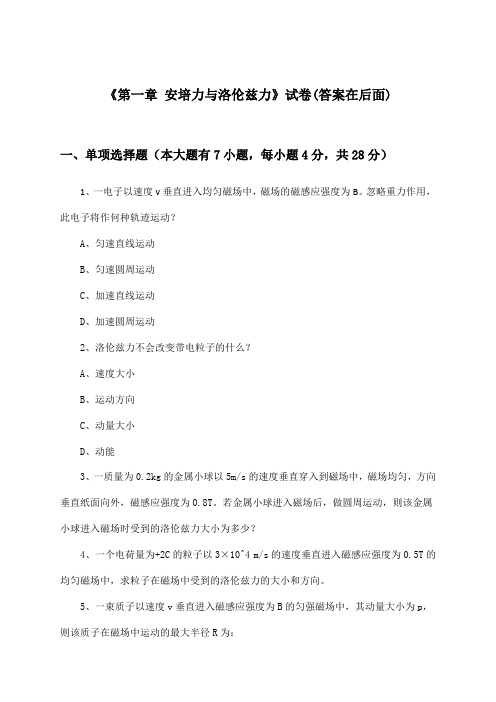 《第一章 安培力与洛伦兹力》试卷及答案_高中物理选择性必修 第二册_人教版_2024-2025学年