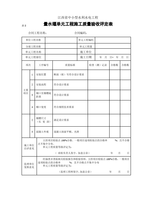 表8量水堰单元工程施工质量验收评定表