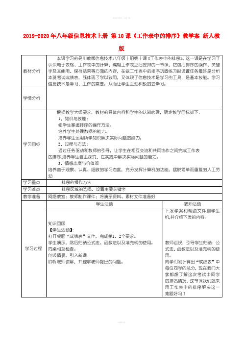 2019-2020年八年级信息技术上册 第10课《工作表中的排序》教学案 新人教版