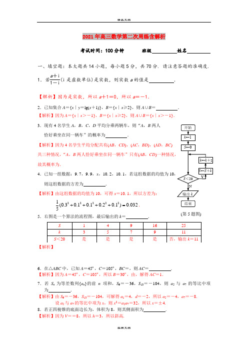 2021年高三数学第二次周练含解析