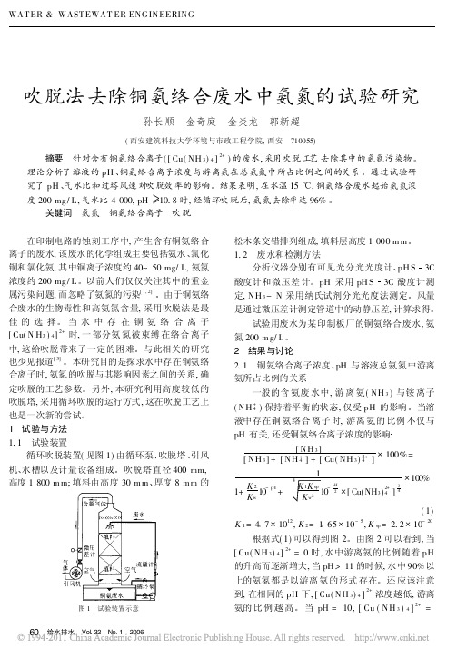 吹脱法去除铜氨络合废水中氨氮的试验研究