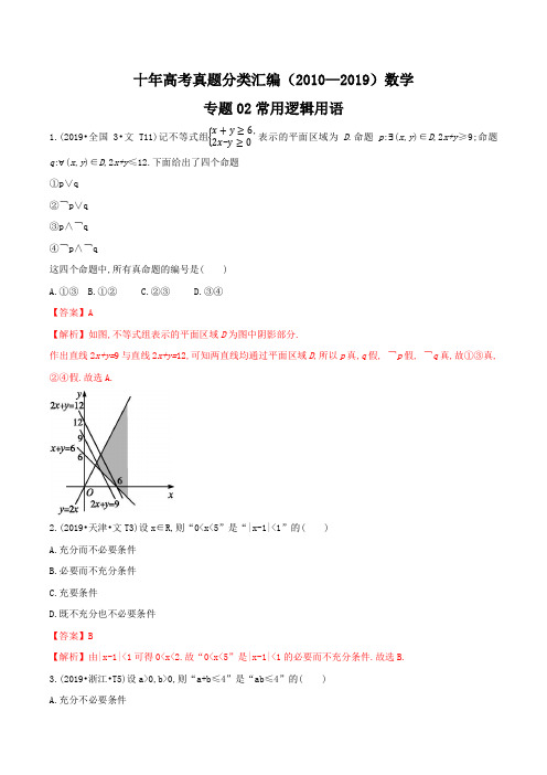 十年高考真题分类汇编  数学 专题 常用逻辑用语 