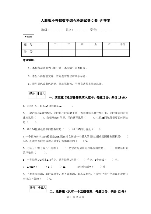 人教版小升初数学综合检测试卷C卷 含答案