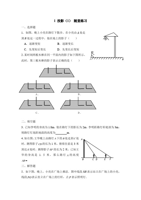 九年级数学鲁教版投影1随堂练习