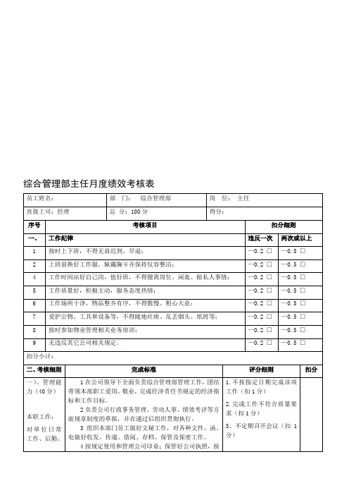 综合管理部主任月度绩效考核表