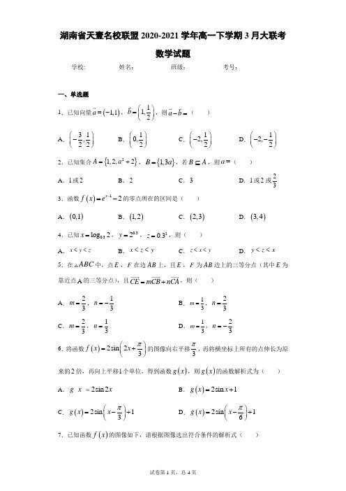 湖南省天壹名校联盟2020-2021学年高一下学期3月大联考数学试题