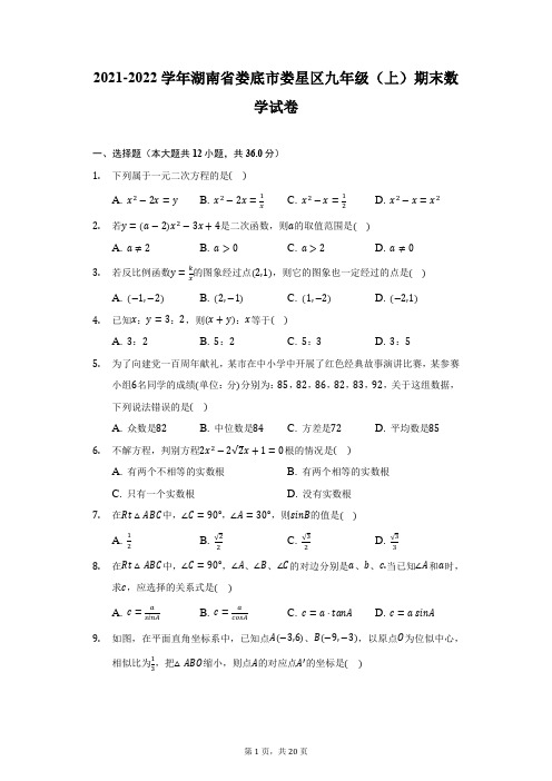 2021-2022学年湖南省娄底市娄星区九年级(上)期末数学试卷(附详解)