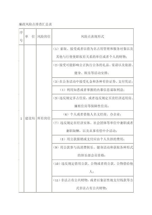 廉政风险点排查汇总表