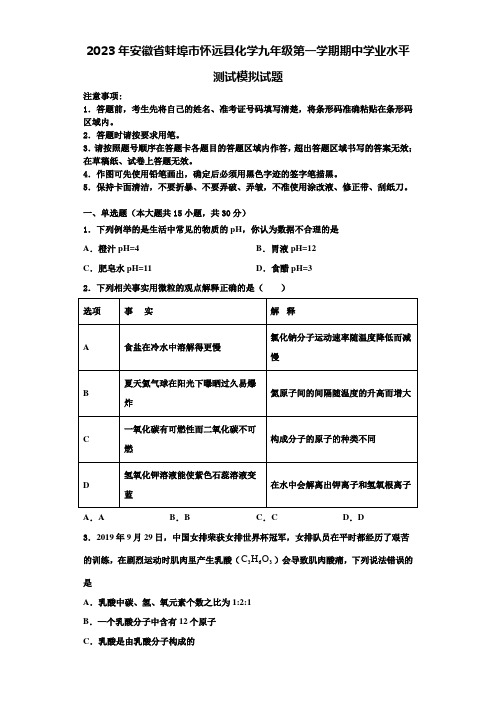 2023年安徽省蚌埠市怀远县化学九年级第一学期期中学业水平测试模拟试题含解析