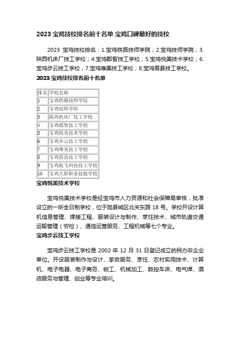 2023宝鸡技校排名前十名单宝鸡口碑最好的技校