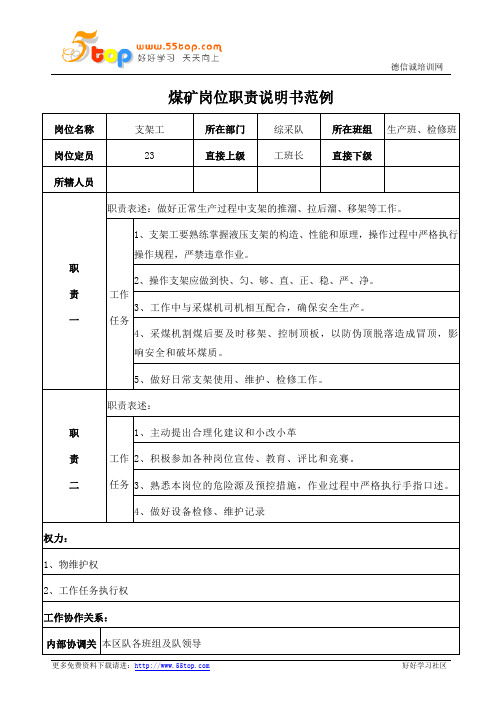 煤矿综采队支架工岗位职责说明书