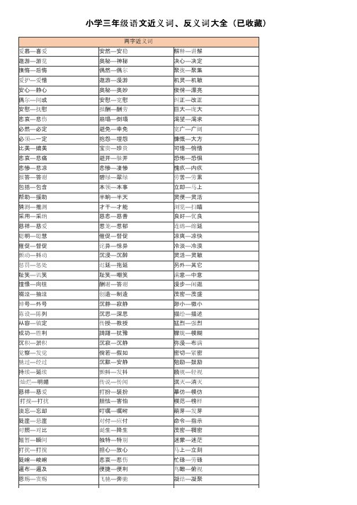 小学三年级语文近义词、反义词大全（已收藏）