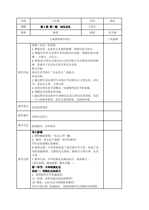 苏人版八年级上册《道德与法治》第1课 第一框 知仪识礼教案