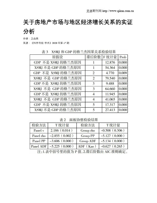 关于房地产市场与地区经济增长关系的实证分析