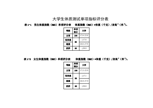 大学生体质测试单项评分表