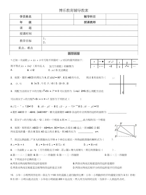 四边形一次函数一元二次方程二次函数综合.docx