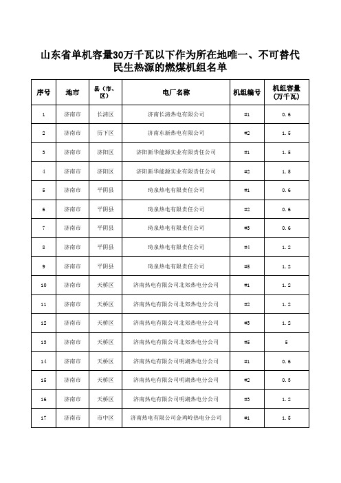 山东省30万千瓦以下作为所在地唯一、不可替代民生热源的燃煤机组名单