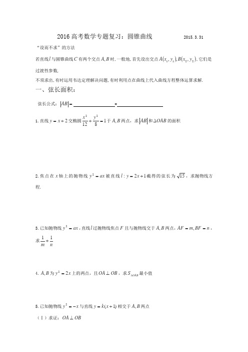 山东省2016届高三数学专题复习圆锥曲线